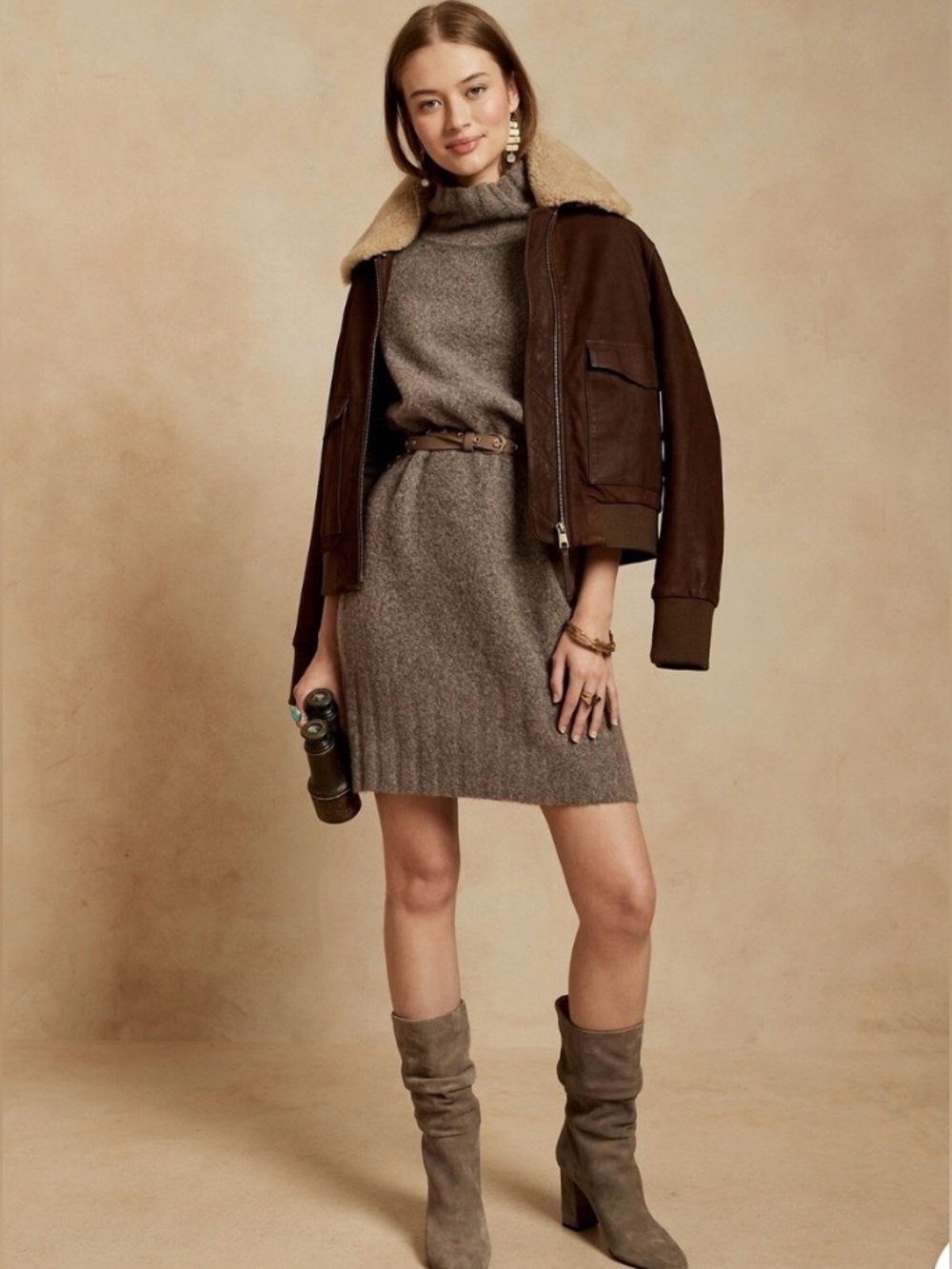 Banana Republic Mock Neck Sweater Dress, Taupe, Size L, NWOT